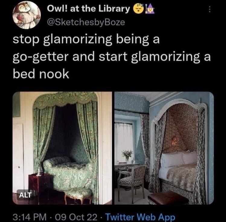 Owl at the Library SketchesbyBoze stop glamorizing being a go getter and start glamorizing a bed nook 314 PM 09 Oct 22 Twitter Web App