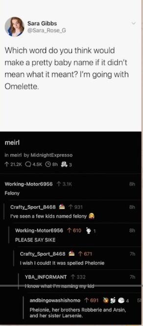 Sara Gibbs u think would meirl Working Felony Crafty_Sport_8468 Ive seen a few kids named felony Working Motor6956 kS PLEASE SAY SIKE 1 wish 1 could It was spelled Phelonie YBA_INFORMANT kmow what im vg my idd andbingowashishomo g e Phelonie her brothers Robberie and Arsin and her sister Larsenie