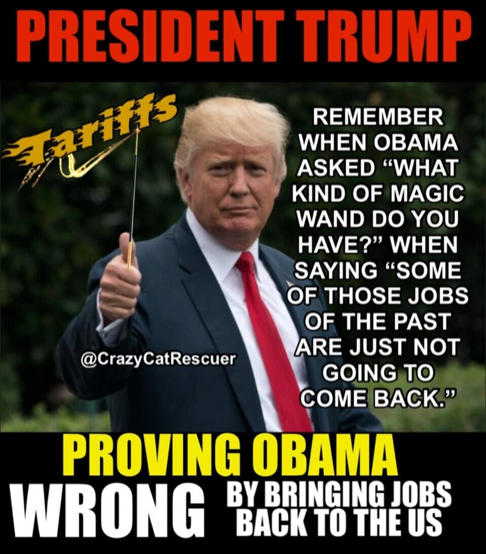 PRESIDENT TRUMP Tariffs REMEMBER WHEN OBAMA ASKED 'WHAT KIND OF MAGIC WAND DO YOU HAVE?' WHEN SAYING 'SOME OF THOSE JOBS OF THE PAST ARE JUST NOT GOING TO COME BACK.' @CrazyCatRescuer PROVING OBAMA WRONG BY BRINGING JOBS BACK TO THE US