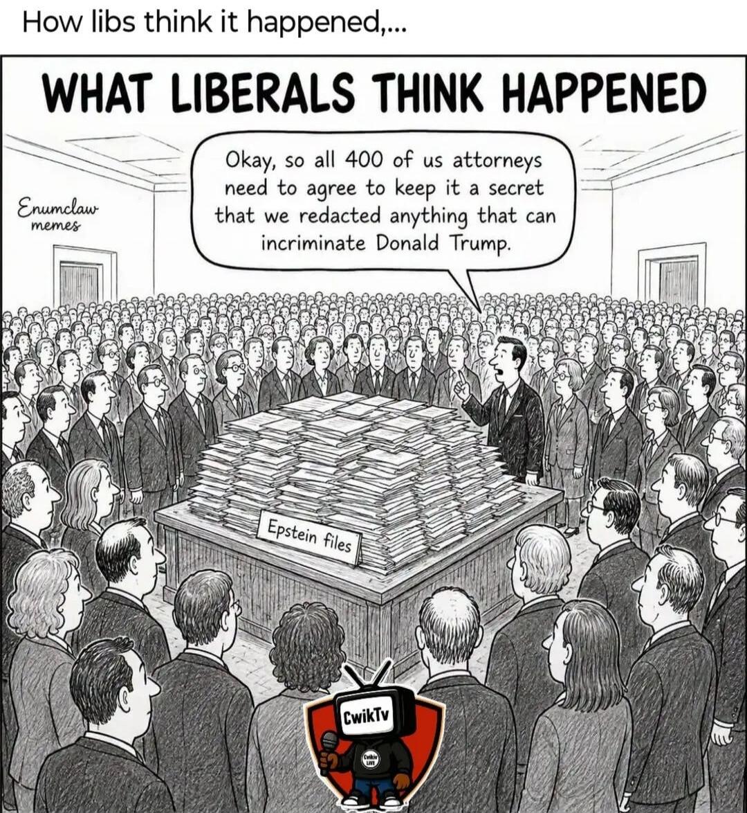 How libs think it happened,... WHAT LIBERALS THINK HAPPENED Okay, so all 400 of us attorneys need to agree to keep it a secret that we redacted anything that can incriminate Donald Trump. Epstein files Enumclaw memes CwikTV