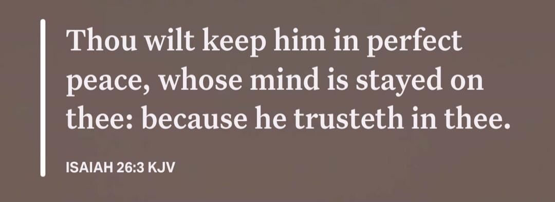 Thou wilt keep him in perfect peace, whose mind is stayed on thee: because he trusteth in thee. ISAIAH 26:3 KJV