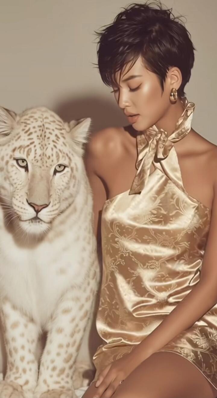 A person wearing a gold satin dress posing with a white snow leopard.