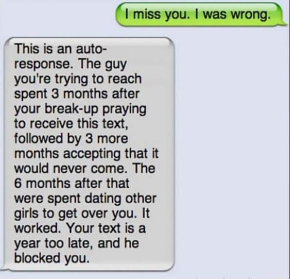 This is an auto response The guy youre trying to reach spent 3 months after your break up praying to receive this text followed by 3 more months accepting that it would never come The 6 months after that were spent dating other girls to get over you It worked Your text is a year too late and he blocked you