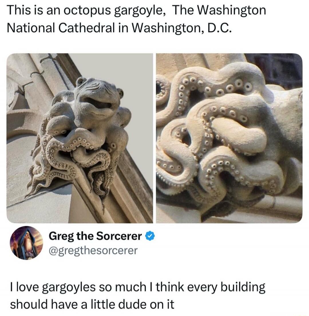 This is an octopus gargoyle, The Washington National Cathedral in Washington, D.C. Greg the Sorcerer @gregthesorcerer I love gargoyles so much I think every building should have a little dude on it