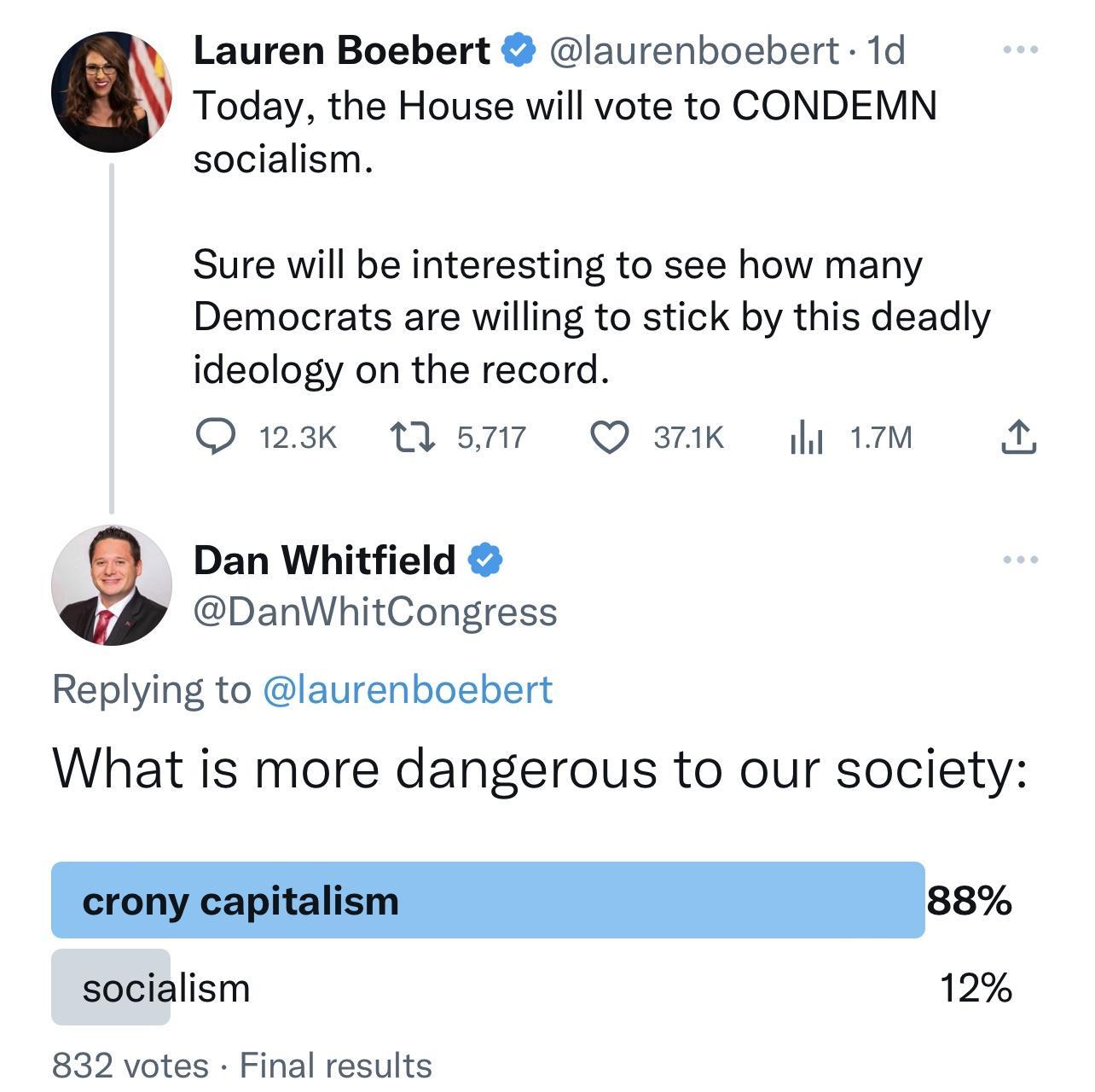 Lauren Boebert laurenboebert 1d Today the House will vote to CONDEMN socialism Sure will be interesting to see how many Democrats are willing to stick by this deadly ideology on the record O sk s QK fim Dan Whitfield DanWhitCongress Replying to laurenboebert What is more dangerous to our society socialism 12 832 votes Final results