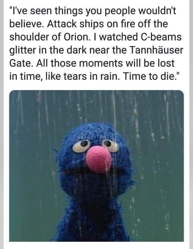 Ive seen things you people wouldnt believe Attack ships on fire off the shoulder of Orion watched C beams glitter in the dark near the Tannhauser Gate All those moments will be lost in time like tears in rain Time to die