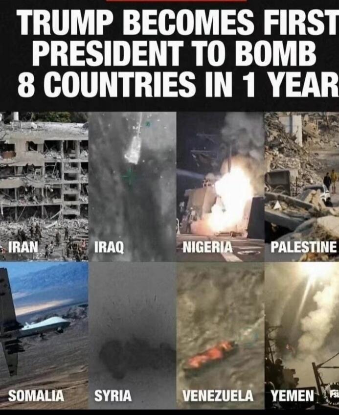 TRUMP BECOMES FIRST PRESIDENT TO BOMB 8 COUNTRIES IN 1 YEAR. IRAN | IRAQ | NIGERIA | PALESTINE | SOMALIA | SYRIA | VENEZUELA | YEMEN