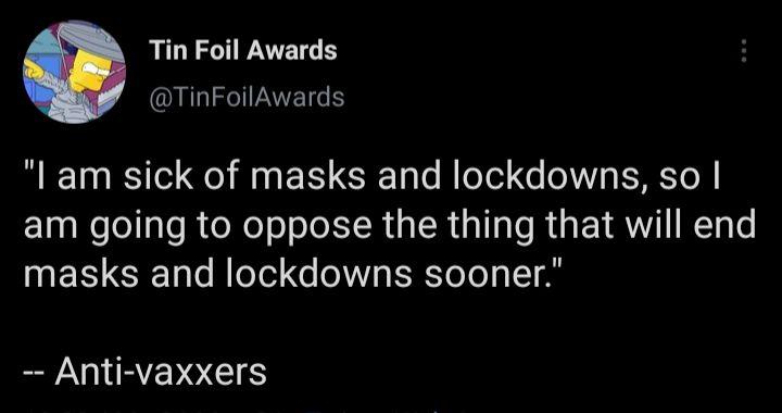 Tin Foil Awards QULIFNVEIG l am sick of masks and lockdowns so am going to oppose the thing that will end masks and lockdowns sooner Anti vaxxers