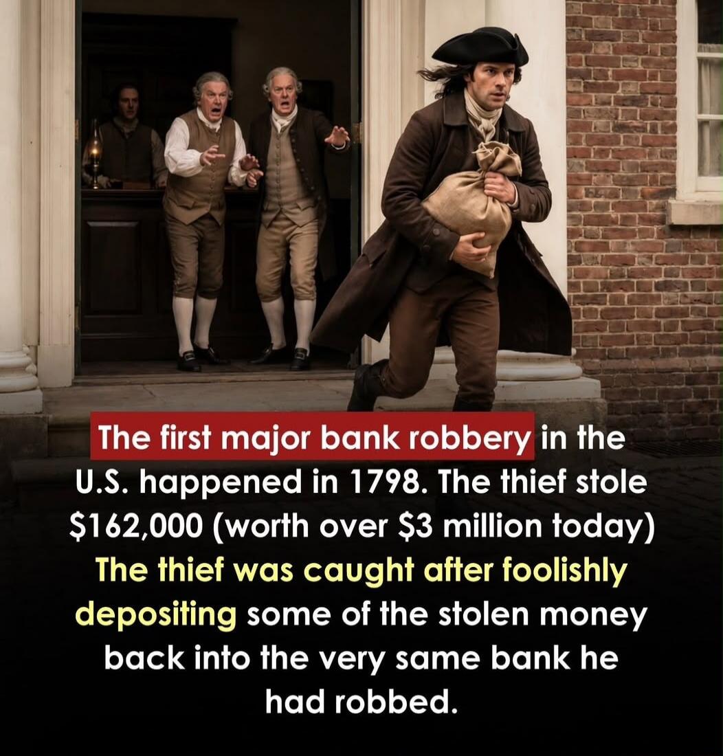 The first major bank robbery in the U.S. happened in 1798. The thief stole $162,000 (worth over $3 million today). The thief was caught after foolishly depositing some of the stolen money back into the very same bank he had robbed.