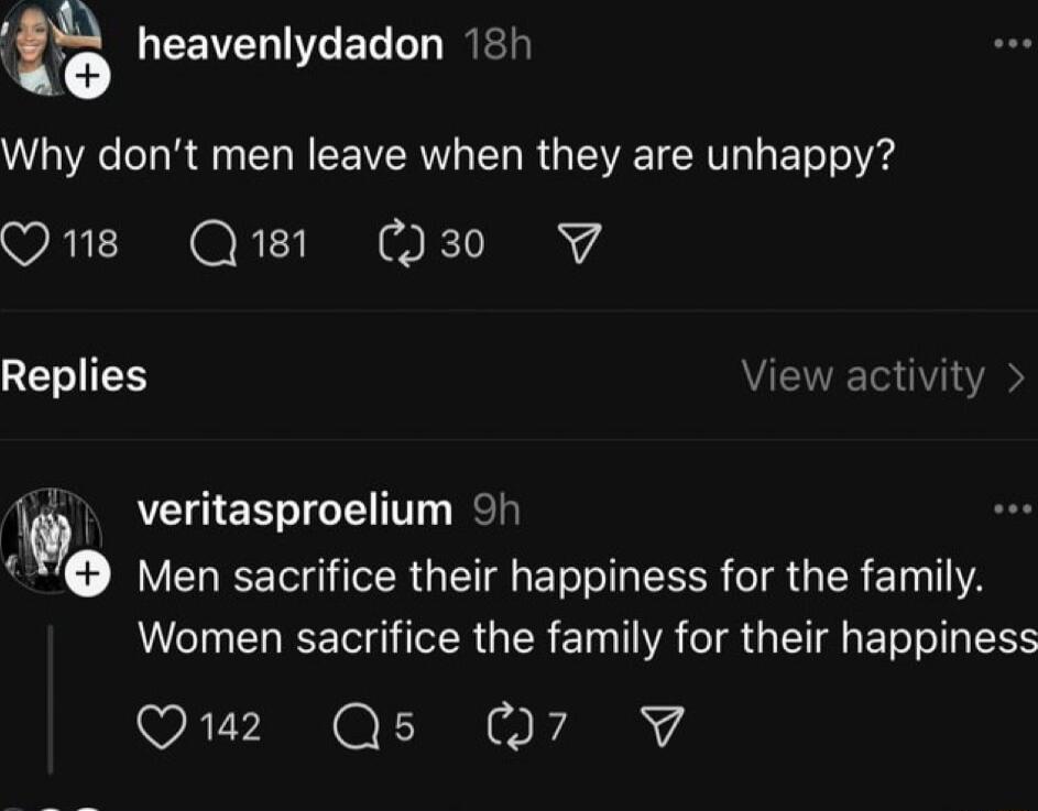 h EEIENVGET G I Why dont men leave when they are unhappy Q1 Qiel G300 LIS View activity veritasproelium 9h Men sacrifice their happiness for the family Women sacrifice the family for their happiness Quz Qs Q7 V