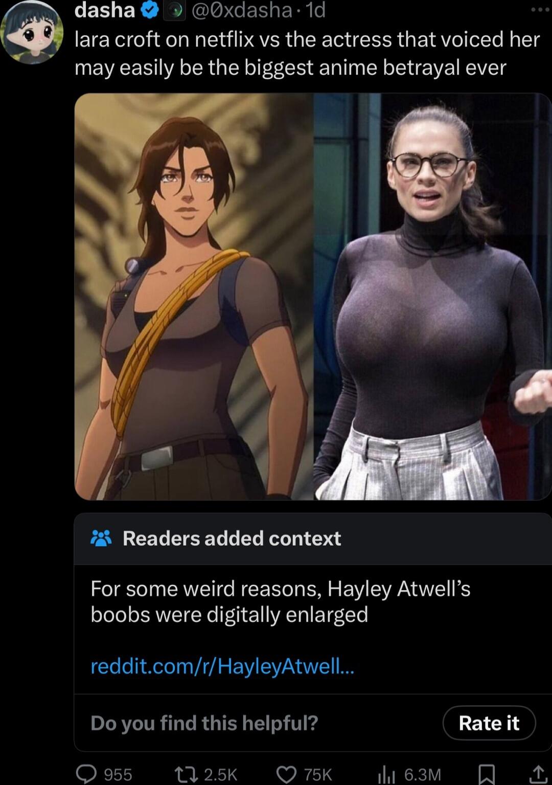 dasha v 0xdasha 1d lara croft on netflix vs the actress that voiced her may easily be the biggest anime betrayal ever Readers added context IR EEE M ER EV RIS boobs were digitally enlarged redditcomrHayleyAtwell Do you find this helpful Rateit Q 955 1125k O 5K eav