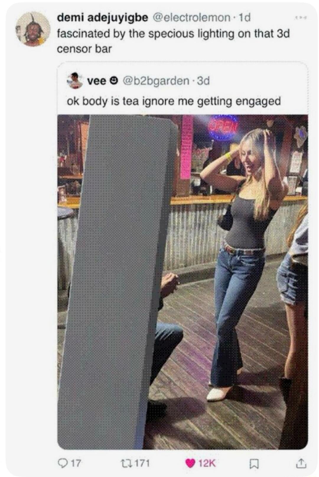 demi adejuyigbe @electrolemon · 1d fascinated by the specious lighting on that 3d censor bar vee ☻ @b2bgarden · 3d ok body is tea ignore me getting engaged