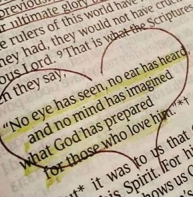 No eye has seen, no ear has heard, and no mind has imagined what God has prepared for those who love him.