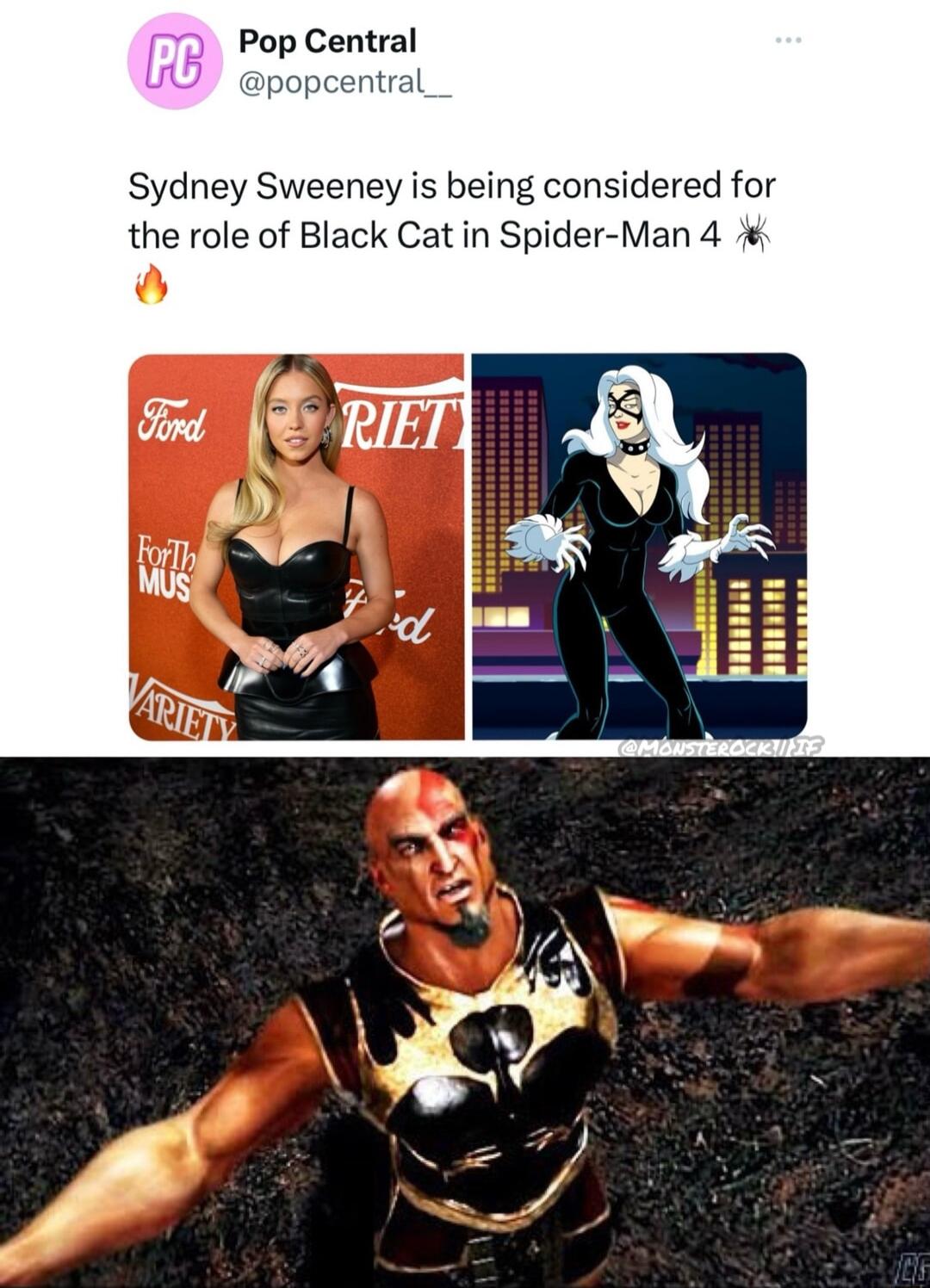 Pop Central ral Sydney Sweeney is being considered for the role of Black Cat in Spider Man 4