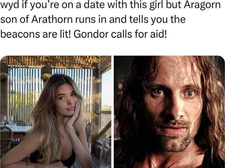 wyd If youre on a date with this girl but Aragorn son of Arathorn runs in and tells you the beacons are lit Gondor calls for aid