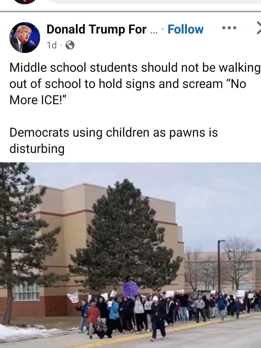 Middle school students should not be walking out of school to hold signs and scream “No More ICE!”\n\nDemocrats using children as pawns is disturbing