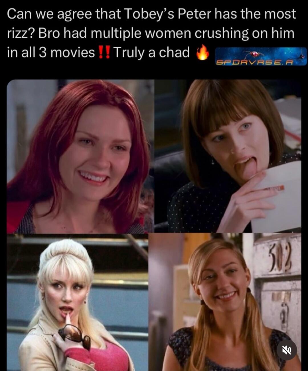 Can we agree that Tobeys Peter has the most rizz Bro had multiple women crushing on him inall 3 movies Truly a chad SEM