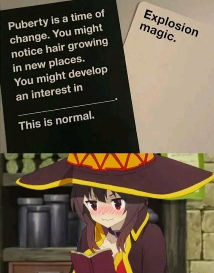 Puberty is a time of change. You might notice hair growing in new places. You might develop an interest in

This is normal.
Explosion magic.