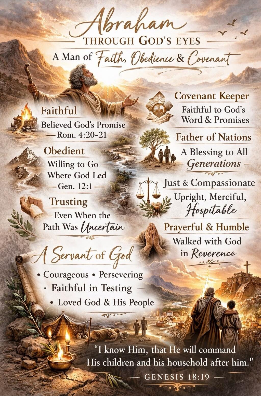 Abraham THROUGH GOD'S EYES A Man of Faith, Obedience & Covenant Faithful Believed God's Promise — Rom. 4:20-21 Obedient Willing to Go Where God Led — Gen. 12:1 Trusting Even When the Path Was Uncertain A Servant of God Courageous • Persevering • Faithful in Testing • Loved God & His People Covenant Keeper Faithful to God's Word & Promises Father of