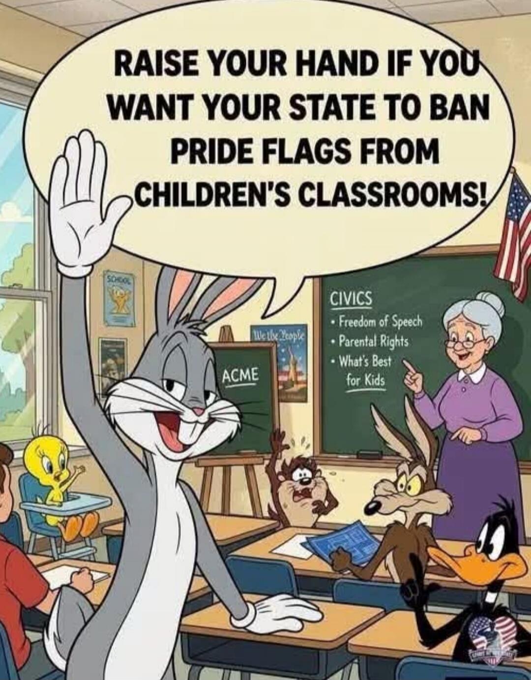 RAISE YOUR HAND IF YOU WANT YOUR STATE TO BAN PRIDE FLAGS FROM CHILDREN'S CLASSROOMS! CIVICS Freedom of Speech Parental Rights What's Best for Kids We the People ACME SCHOOL