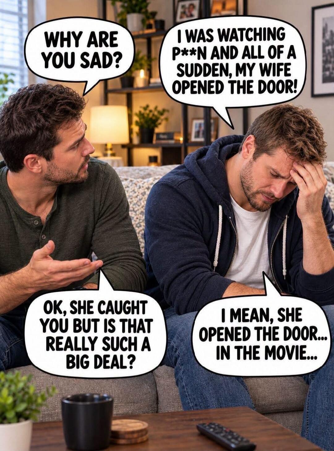 WHY ARE YOU SAD? I WAS WATCHING P**N AND ALL OF A SUDDEN, MY WIFE OPENED THE DOOR! OK, SHE CAUGHT YOU BUT IS THAT REALLY SUCH A BIG DEAL? I MEAN, SHE OPENED THE DOOR... IN THE MOVIE...