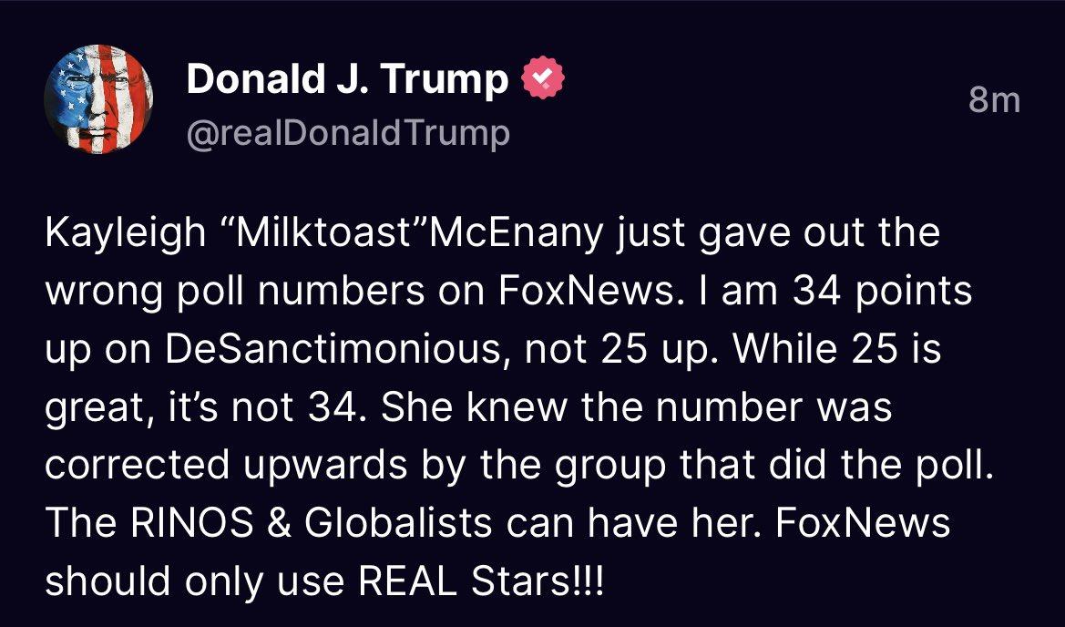 a Donald J Trump realDonaldTrump Kayleigh MilktoastMcEnany just gave out the wrong poll numbers on FoxNews am 34 points up on DeSanctimonious not 25 up While 25 is ICEIA R0 S S R GEIVR G ER T IR corrected upwards by the group that did the poll RLENNNORRACLEIB SN EVER AR RS should only use REAL Stars