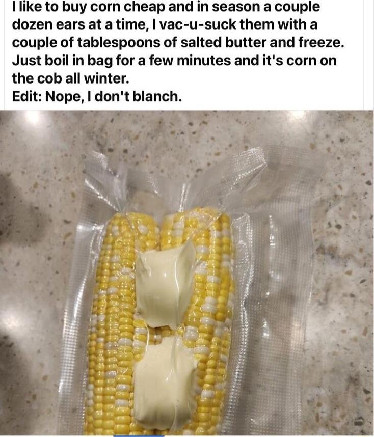 Ilike to buy corn cheap and in season a couple dozen ears at a time vac u suck them with a couple of tablespoons of salted butter and freeze Just boil in bag for a few minutes and its corn on the cob all winter Edit Nope dont blanch