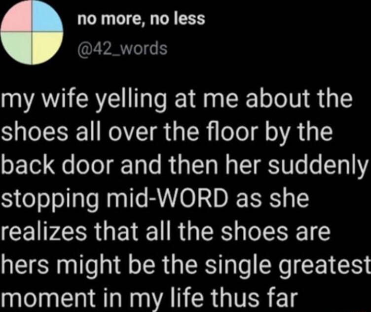 no more no less OL YR my wife yelling at me about the shoes all over the floor by the back door and then her suddenly stopping mid WORD as she CEIPAR G E R GRS o hers might be the single greatest moment in my life thus far