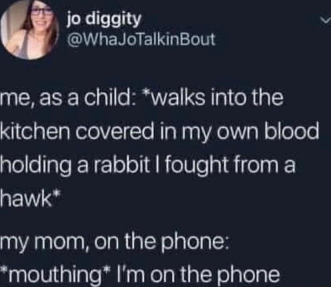 jo diggity WhaJoTalkinBout me as a child walks into the kitchen covered in my own blood alellelgleFNeToloT R ee plqifelpa hawk my mom on the phone mouthing Im on the phone
