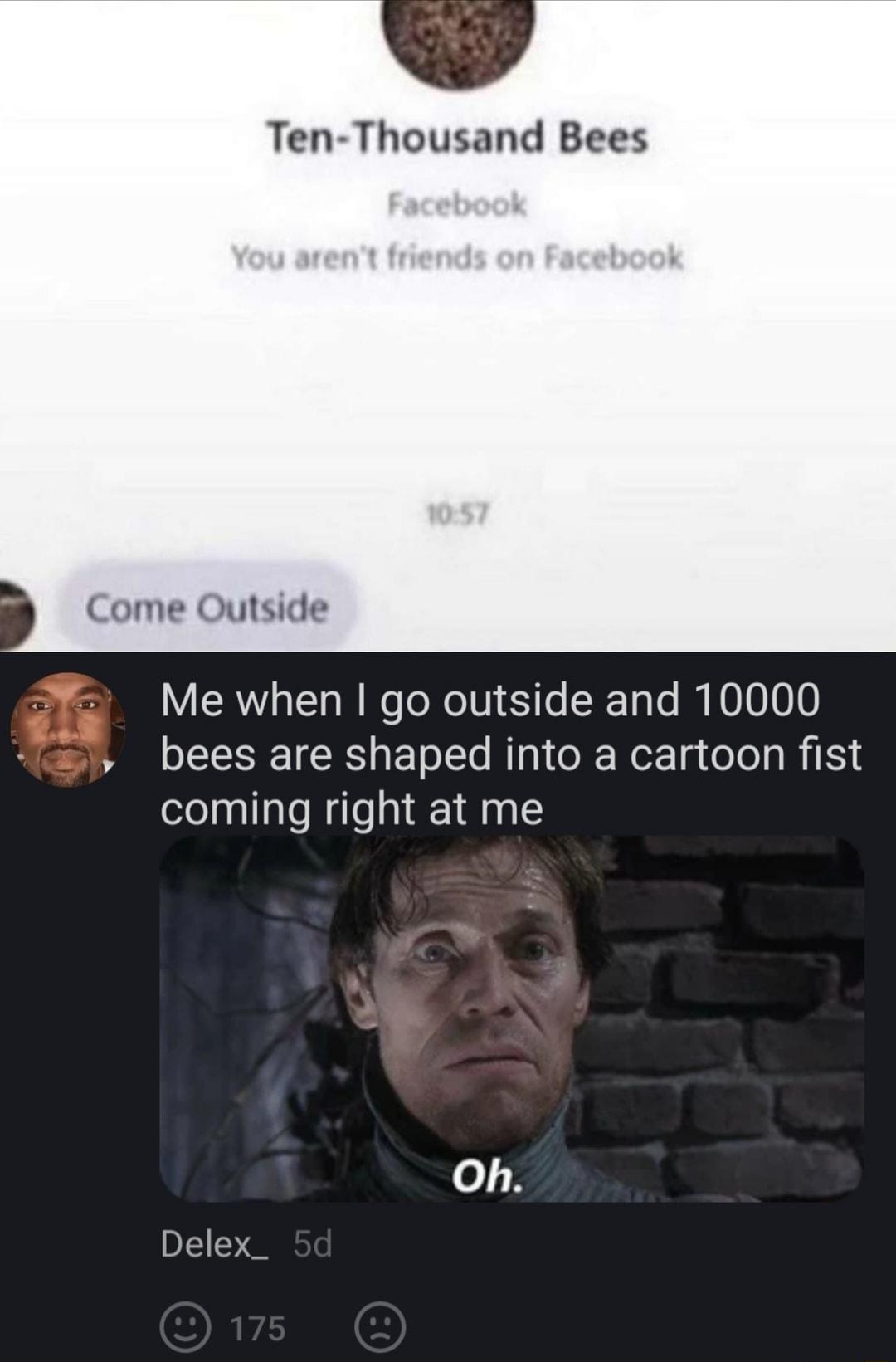 Ten Thousand Bees Come Outside Y Me when go outside and 10000 bees are shaped into a cartoon fist coming right at me Oh Delex