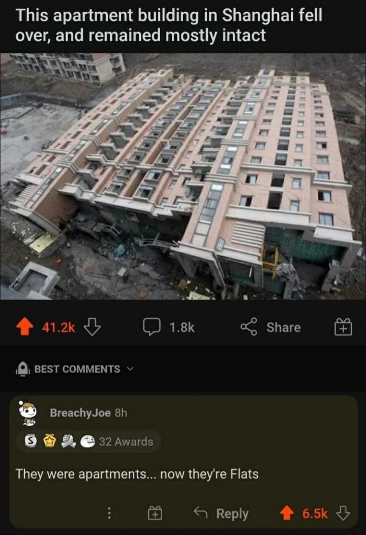This apartment building in Shanghai fell IR e NN E T Y g oIS AT L 1ol Q BEST COMMENTS v ICET A LTRC 5 a 32 Awards They were apartments now theyre Flats Reply 4 65k
