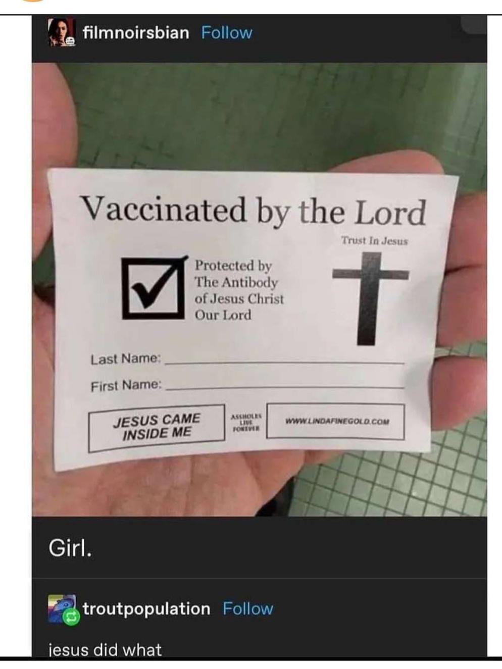 Q filmnoirsbian Follow Vaccinated by the Lord Trust In Jesus Protected by The Antibody of Jesus Christ Our Lord Last Name First Name _ A WWW LINDAFINEGOLD COM Girl g troutpopulation Follow iesus did what