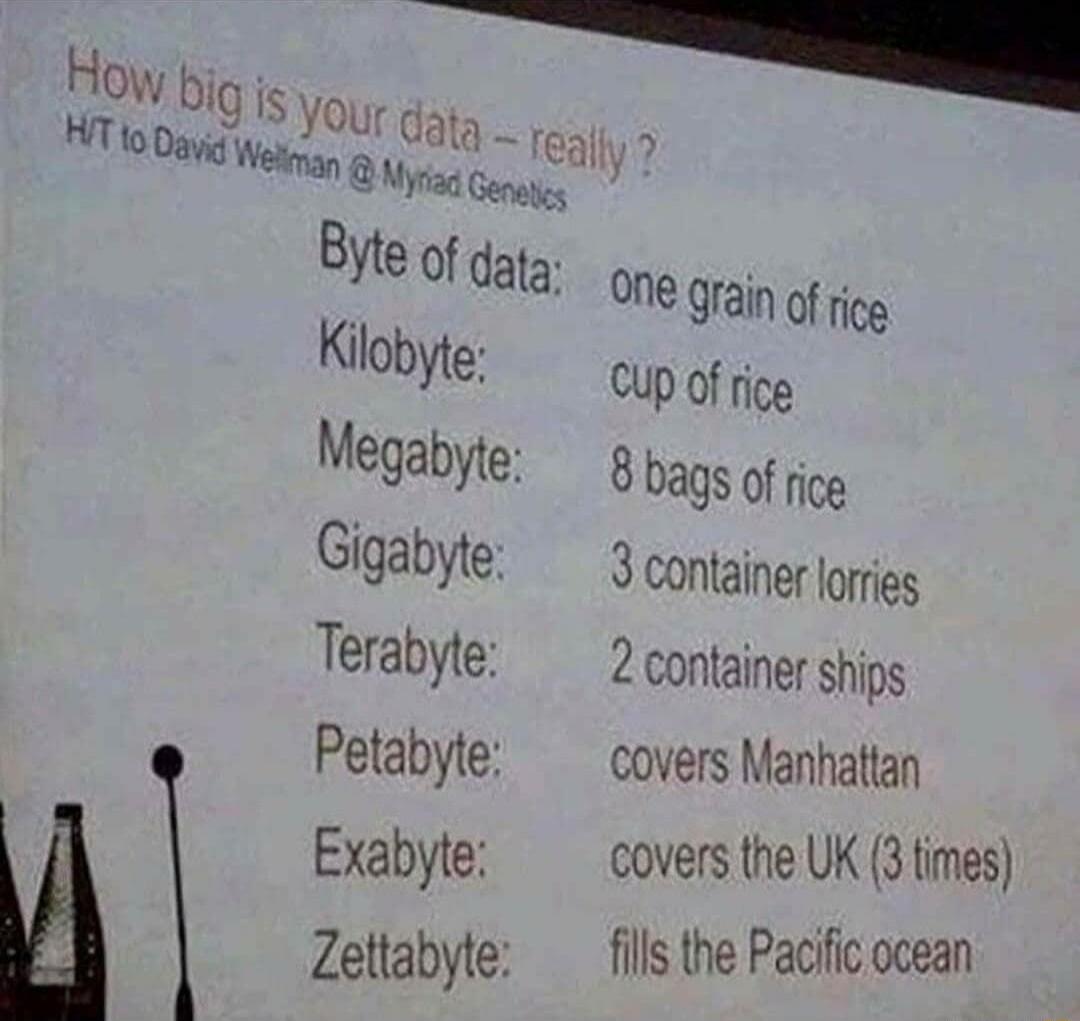 Byte of data Kilobyte Megabyte Gigabyte Terabyte Petabyte Exabyte Zettabyte 07 Grain of rige Up of rice 8bags of rice 3 container lorries 2 container ships covers Manhattan covers the UK 3 times fills the Pacific ocean