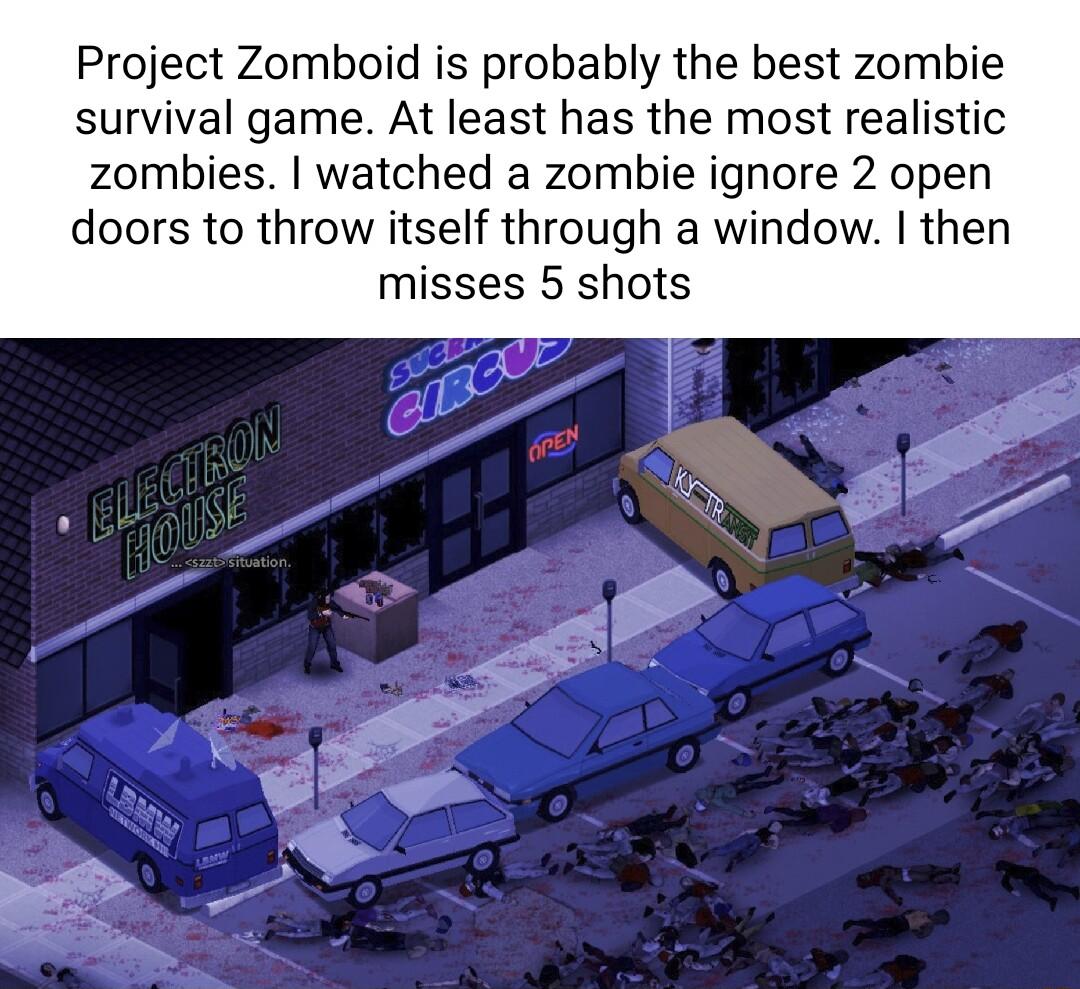 Project Zomboid is probably the best zombie survival game At least has the most realistic zombies watched a zombie ignore 2 open doors to throw itself through a window then misses 5 shots