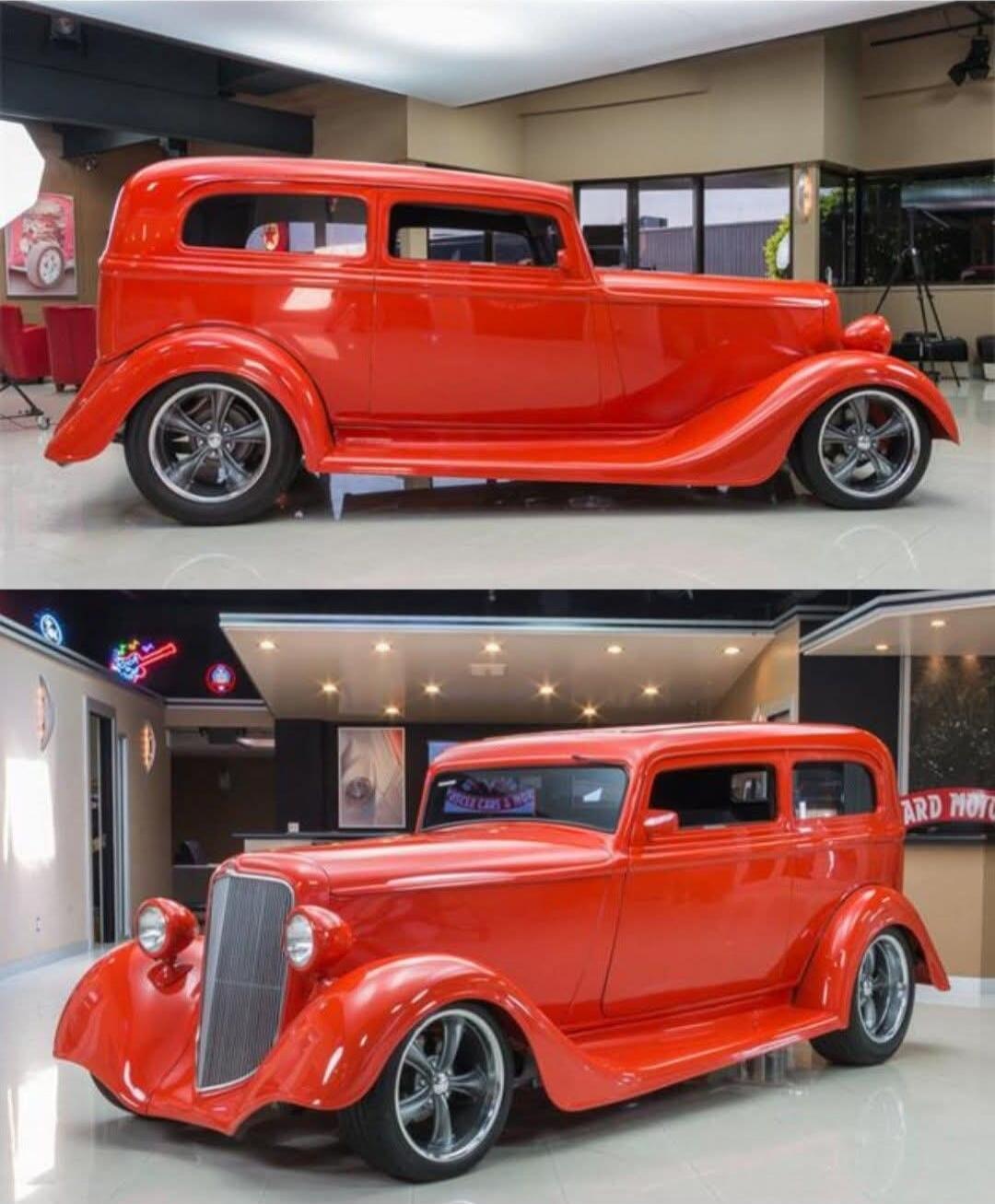 Two images of a red vintage hot rod car.