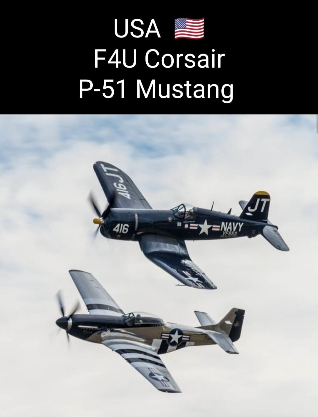 USA 🇺🇸 F4U Corsair P-51 Mustang. Two vintage American fighter planes, an F4U Corsair and a P-51 Mustang, flying in the sky.