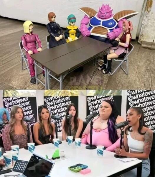 Anime action figures of Android 18, Makima, Bulma, Recoome, and Sakura are seated around a table, mimicking a podcast or talk show setup. Below, a group of women, including influencers, are also seated around a table with microphones, participating in what appears to be the 'Whatever' podcast, with 'whatever' logos visible in the background.