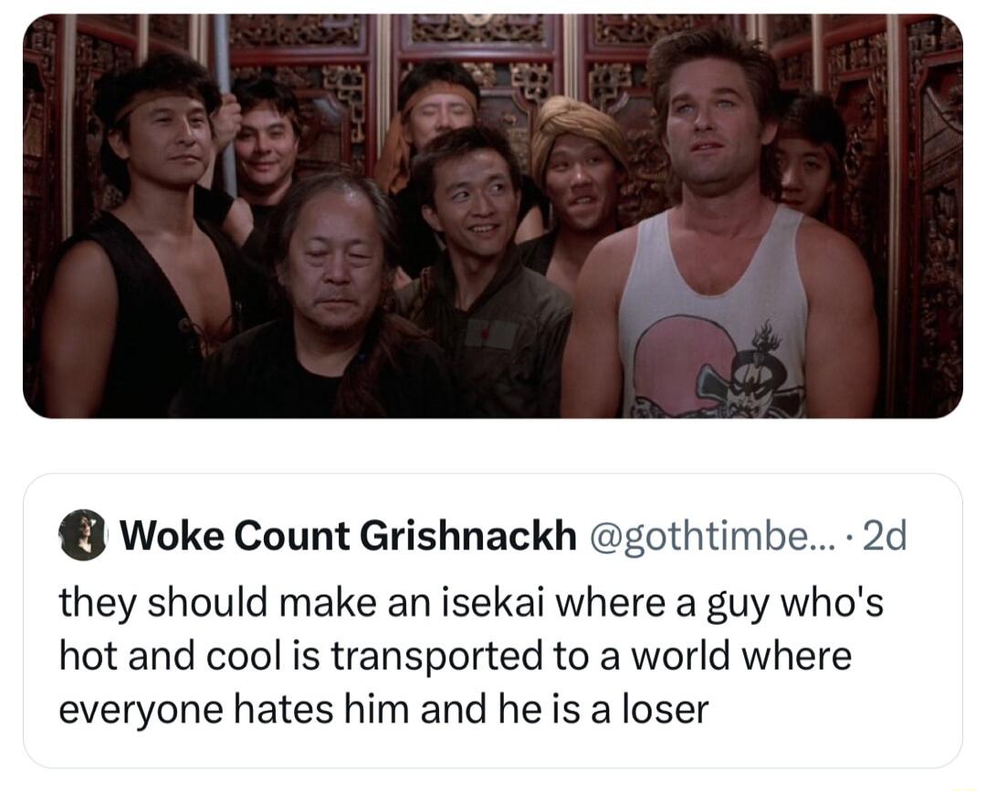 Woke Count Grishnackh gothtimbe 2d they should make an isekai where a guy whos hot and cool is transported to a world where everyone hates him and he is a loser