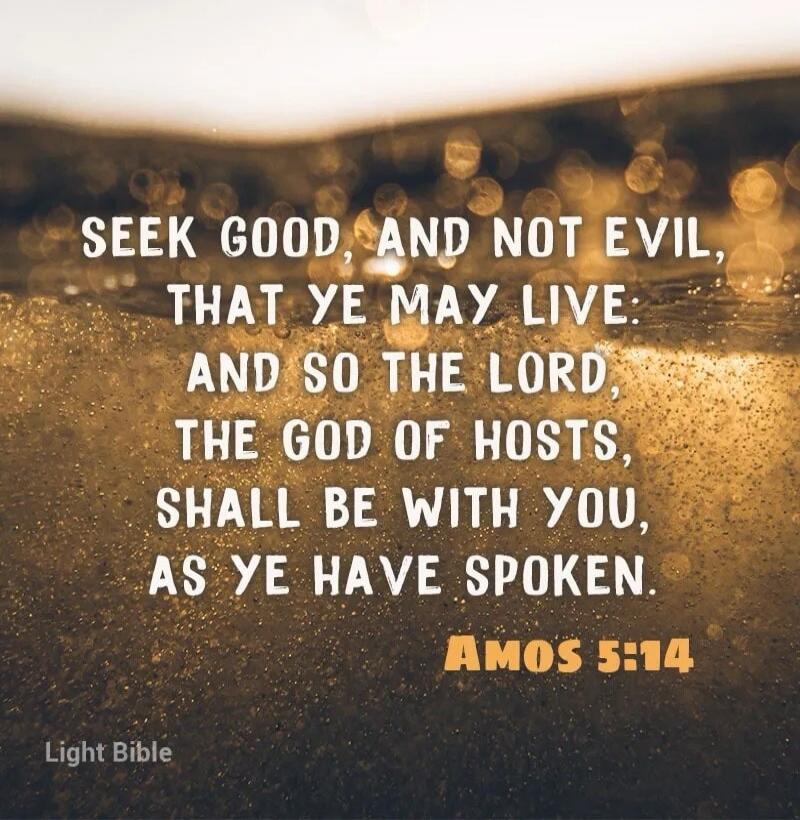SEEK GOOD, AND NOT EVIL, THAT YE MAY LIVE: AND SO THE LORD, THE GOD OF HOSTS, SHALL BE WITH YOU, AS YE HAVE SPOKEN. AMOS 5:14