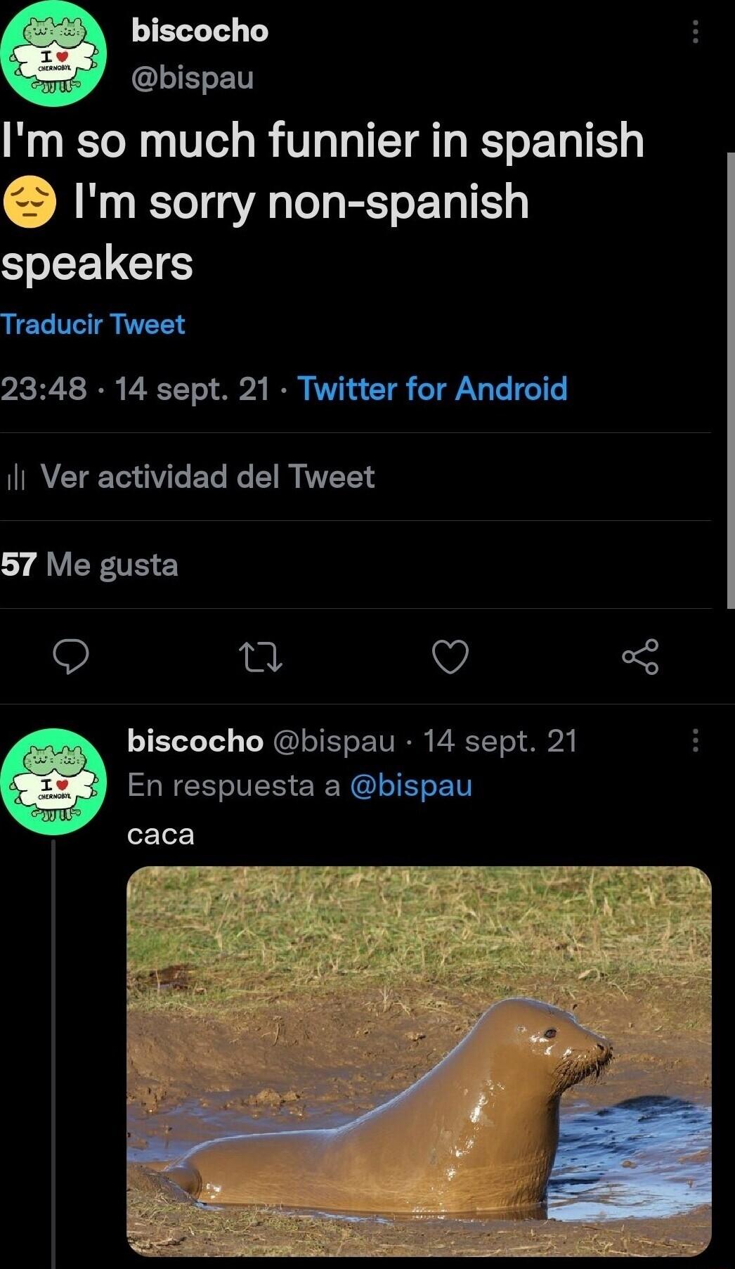 O biscocho St 15 Im so much funnier in spanish Im sorry non spanish LG Traducir Tweet 2348 14 sept 21 Tw r for Android IR U EL L EIN T 57 Me gusta O u Q z biscocho bispau 14 sept 21 En respuesta a bispau T