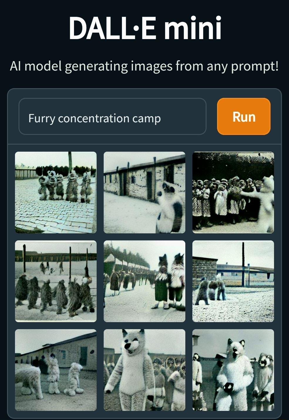 DALLE mini Al model generating images from any prompt Furry concentration camp Run