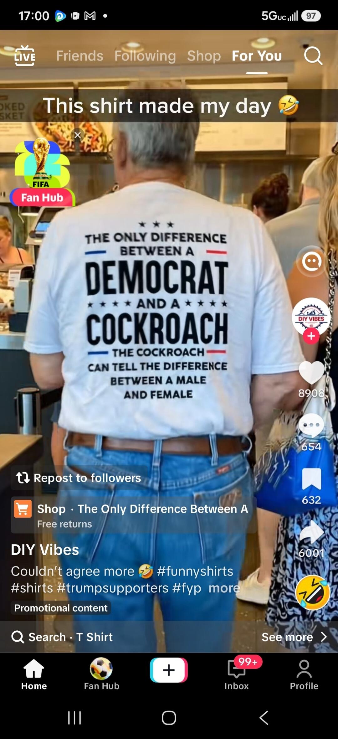 This shirt made my day. The only difference between a Democrat and a cockroach - the cockroach can tell the difference between a male and female. Couldn't agree more.