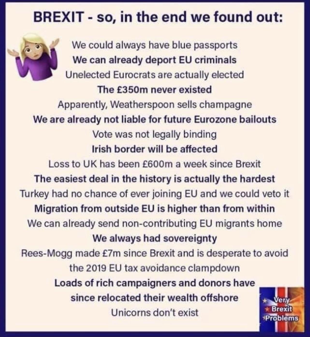 BREXIT so in the end we found out We could always have blue passports We can already deport EU criminals Unelected Eurocrats are actually elected The 350m never existed Apparently Weatherspoon sells champagne We are already not liable for future Eurozone bailouts Vote was not legally binding Irish border will be affected Loss to UK has been 600m a week since Brexit The easiest deal in the history 