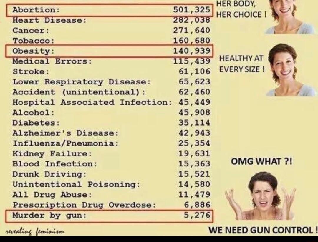 HEROVOY LT So1325 mcnmcug Cancer 271640 60680 T 1 Obesity 140939 Heauriy ar 5N Medical Errors Stroke 61106 EVERVSIZE 65623 Lower Respiratory Diss Accident unintentional 62460 Hospital Associated Infection 45449 Aloohol 45908 Diabetes 35114 Alzheiners Diseas 42943 InfluenzaPneunonia 25354 Kidney Failure 19631 Blood Infection 15363 OMGWHAT 21 St 1 e e y sl WE NEED GUN CONTROL