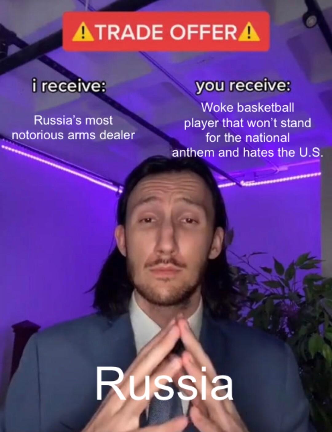 ireceive youreceive Woke basketball UCSERY EVEIRUE RV ETEL notorious arms dealer for the national anthem and hates the US