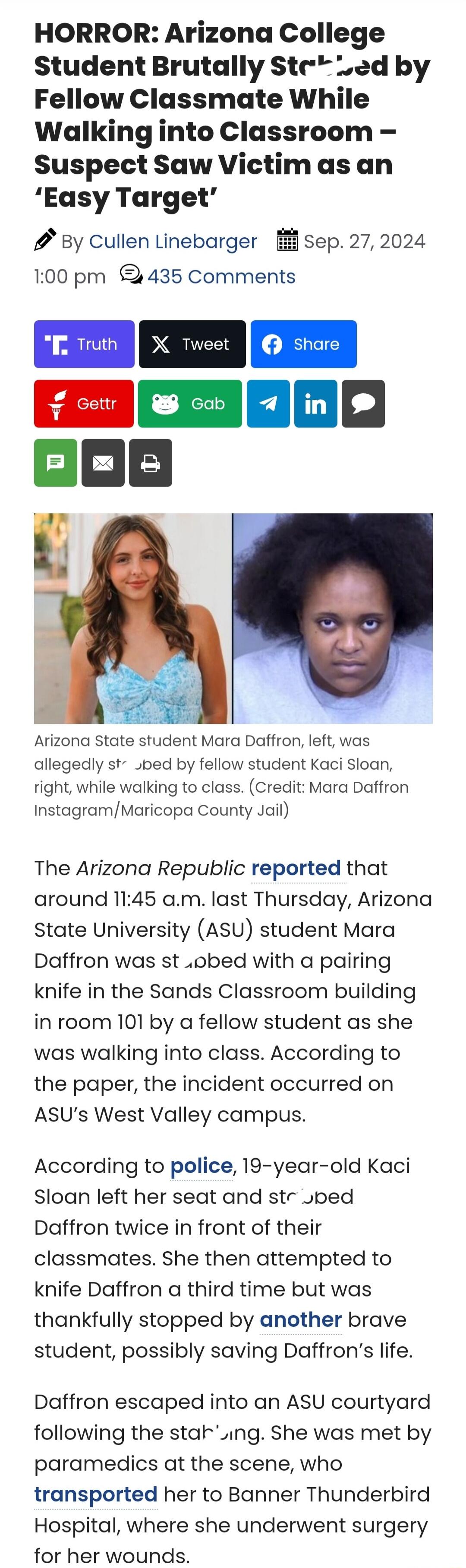 HORROR Arizona College Student Brutally Ste_ed by Fellow Classmate While Walking into Classroom Suspect Saw Victimas an Easy Target 2 By Cullen Linebarger Sep 272024 100 pm 435 Comments Arizona State student Mara Daffron left was allegedly st Jbed by fellow student Kaci Sloan right while walking to class Credit Mara Daffron InstagramMaricopa County Jail The Arizona Republic reported that around 11
