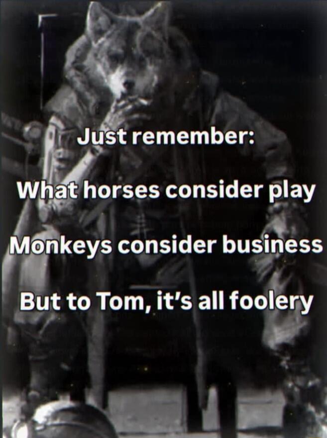 Just remember: What horses consider play Monkeys consider business But to Tom, it's all foolery