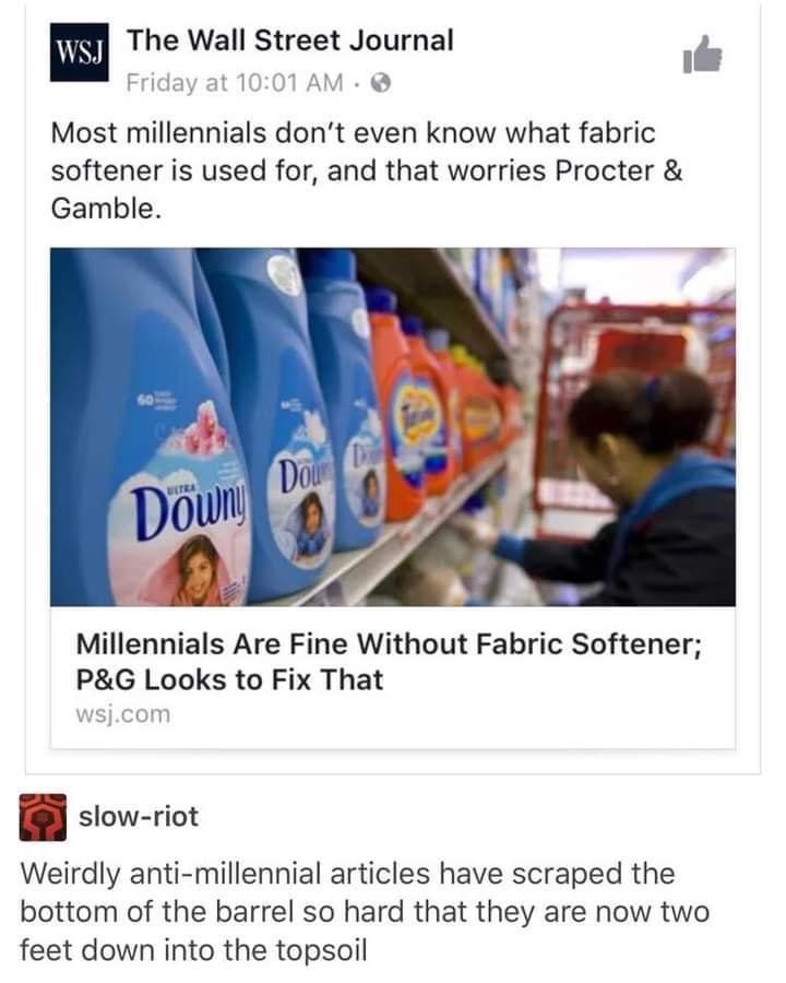 The Wall Street Journal e Most millennials dont even know what fabric softener is used for and that worries Procter Gamble Millennials Are Fine Without Fabric Softener PG Looks to Fix That slow riot Weirdly anti millennial articles have scraped the bottom of the barrel so hard that they are now two feet down into the topsoil