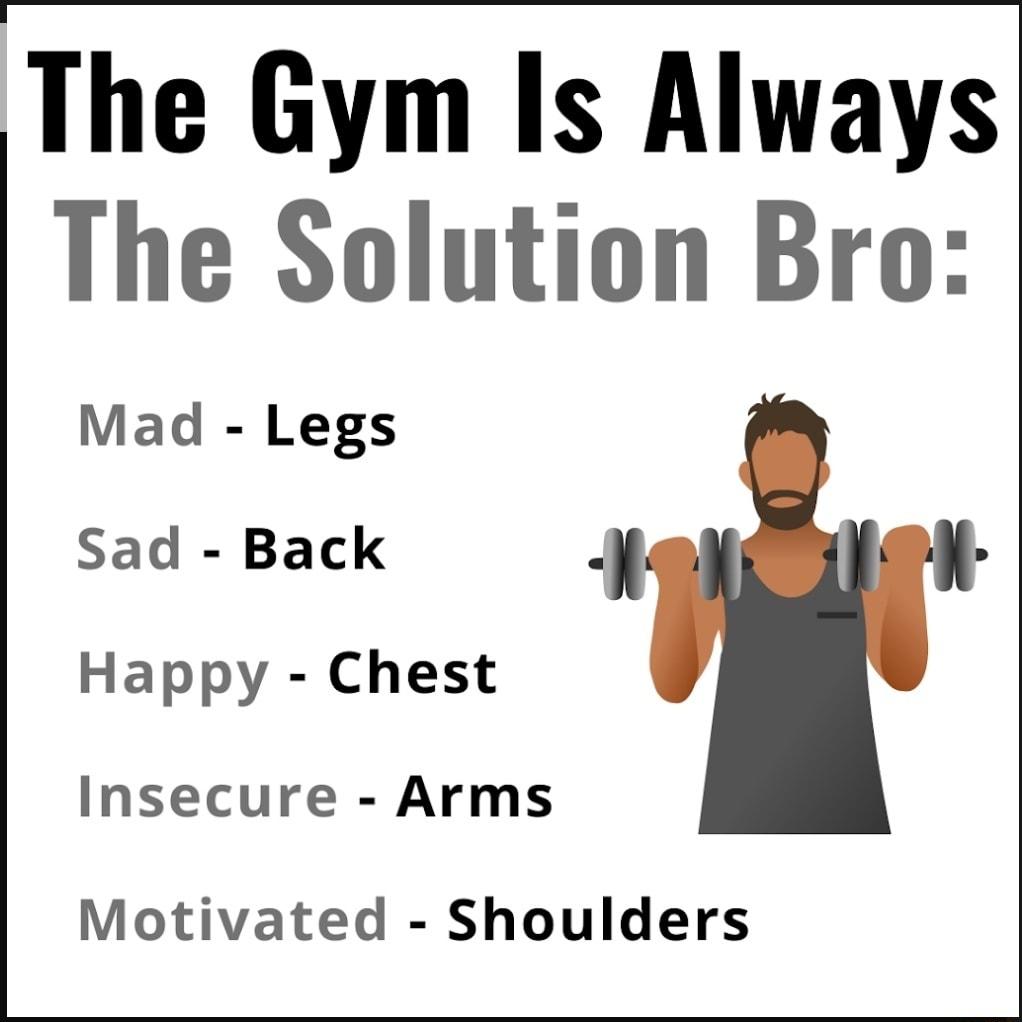 The Gym Is Always The Solution Bro Mad Legs Sad Back Happy Chest Insecure Arms Motivated Shoulders