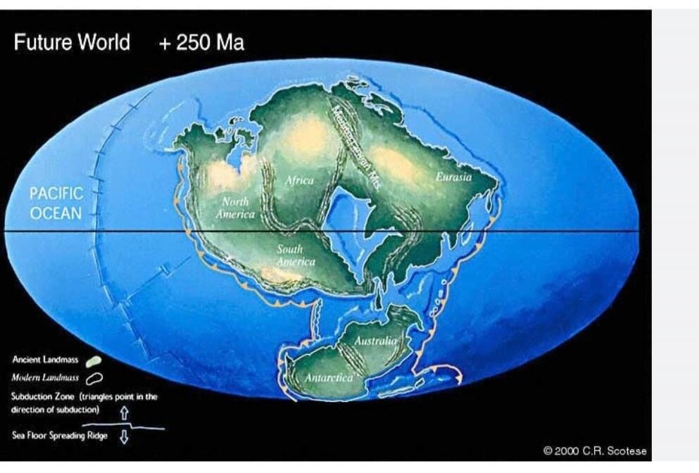 Future World + 250 Ma PACIFIC OCEAN North America South America Africa Eurasia Australia Antarctica Mediterranean Mts. Ancient Landmass Modern Landmass Subduction Zone (triangles point in the direction of subduction) Sea Floor Spreading Ridge © 2000 C.R. Scotese